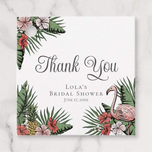 エレガントなフラミンゴ & ハイビスカスのシャワー感謝タグ フェイバータグ (正面)