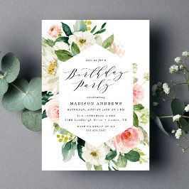 エレガントなフラワーフレーム誕生日パーティー 招待状