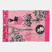 エレガントなフランスのでガーリーなエッフェル塔、子犬及びダマスク織 キッチンタオル (横)