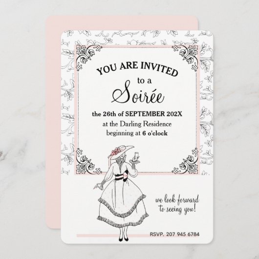 エレガントなフランスのヴィンテージ フラワー パーティー ピンク 招待状 (正面/裏面)