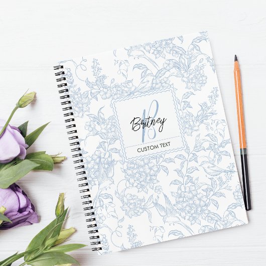 エレガントなフランスのヴィンテージ ブルーフラワーバードパターン ノートブック