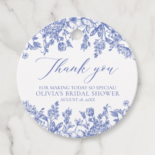 エレガントなフランス風ヴィクトリアン調ブルーフローラル ブライダルシャワー フェイバータグ (正面)