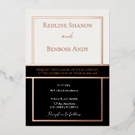 エレガントなフレームの象牙色とブラックのデザイン ゴールドローズ 箔招待状