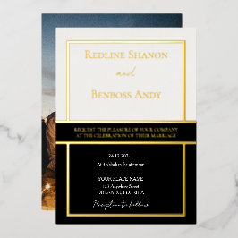 エレガントなフレームの象牙色とブラックのデザイン ゴールド 箔招待状