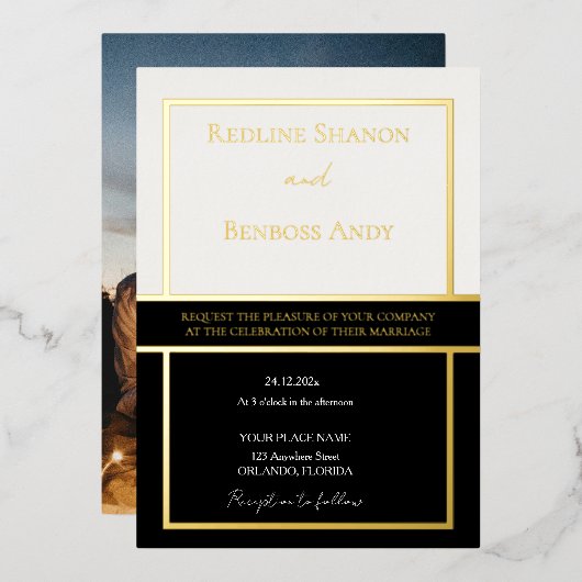 エレガントなフレームの象牙色とブラックのデザイン ゴールド 箔招待状 (正面/裏面)