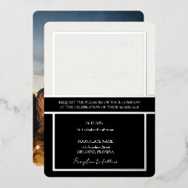 エレガントなフレームの象牙色とブラックのデザイン シルバー 箔招待状