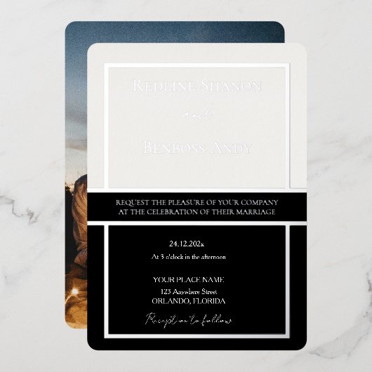エレガントなフレームの象牙色とブラックのデザイン シルバー 箔招待状 (正面/裏面)