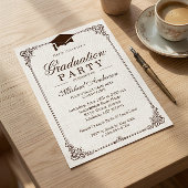 エレガントなフレーム アイボリー リネン 卒業パーティー 招待状