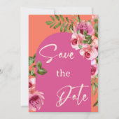 エレガントなフレーム ピンクとオレンジの花柄のSave the Date 招待状 (正面)