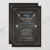 エレガントなフレーム 黒板 青 ベビーシャワー 招待状 (正面/裏面)