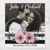 エレガントなフローラルとストライプカスタムフォトウェディング ワインラベル (シングルラベル)