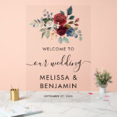 エレガントなフローラルブルムブルムバーガンディースクリプトウェディング アクリルサイン (ウェディング)