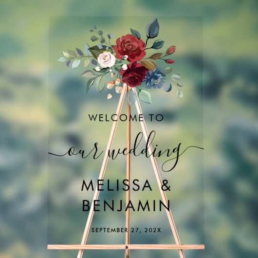 エレガントなフローラルブルムブルムバーガンディースクリプトウェディング アクリルサイン (ニュートラル)