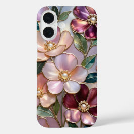 エレガントなフローラル柄のiPhoneケース ステンドグラス風 ピンクゴールド iPhone 16ケース