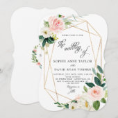 エレガントなブッシュクリームフラワーゴールドフレームウェディング 招待状 (正面/裏面)