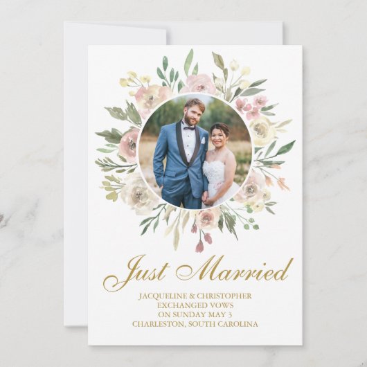 エレガントなブッシュピンクのゴールドの花の新婚写真ウェディング 案内状 (正面)