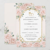 エレガントなブッシュピンクのバラの花束 ゴールドエンゲージメント 招待状 (正面/裏面)