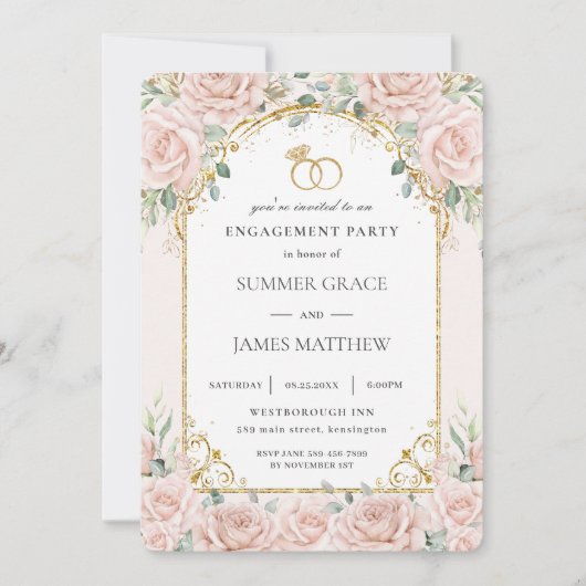 エレガントなブッシュピンクのバラの花束 ゴールドエンゲージメント 招待状 (正面)