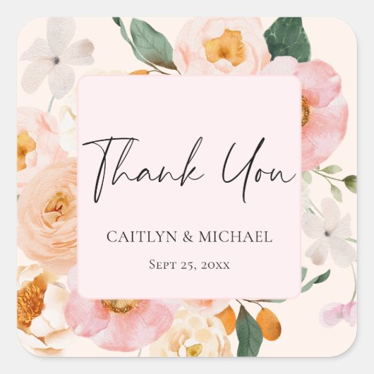 エレガントなブッシュピンクの花の結婚式のお礼 スクエアシール (正面)