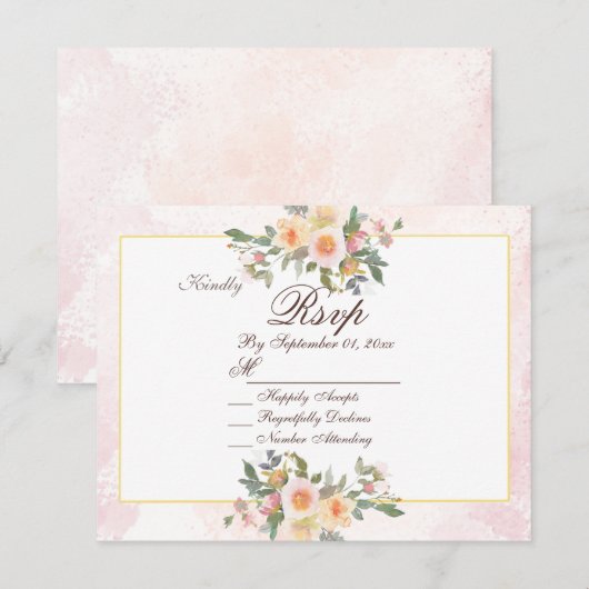 エレガントなブッシュピンクの花の結婚式出欠確認カード 招待状 (正面/裏面)