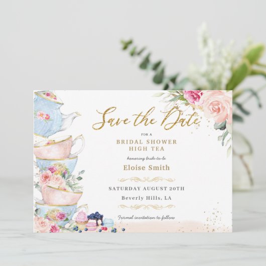エレガントなブッシュフローラル ハイティーパーティー ブライダルシャワー セーブザデート (スタンド正面)