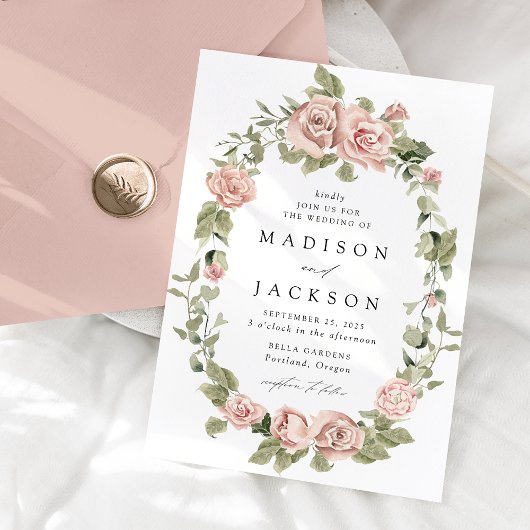 エレガントなブッシュローズとグリーンの結婚式 招待状