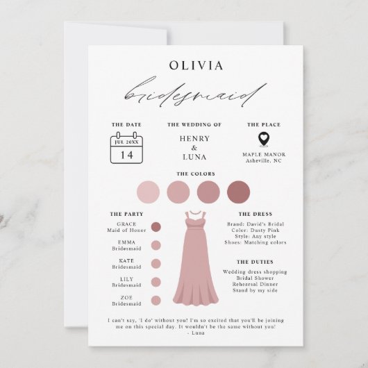 エレガントなブライズメイド ウェディングパーティ 情報カード 招待状 (正面)