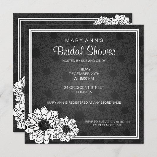 エレガントなブライダルシャワーのダリアの花柄の黒 招待状 (正面/裏面)