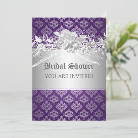 エレガントなブライダルシャワーのバロック式の華麗さの紫色 招待状 (スタンド正面)