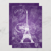 エレガントなブライダルシャワーのロマンチックなパリの紫色 招待状 (正面/裏面)