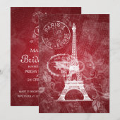 エレガントなブライダルシャワーのロマンチックなパリの赤 招待状 (正面/裏面)