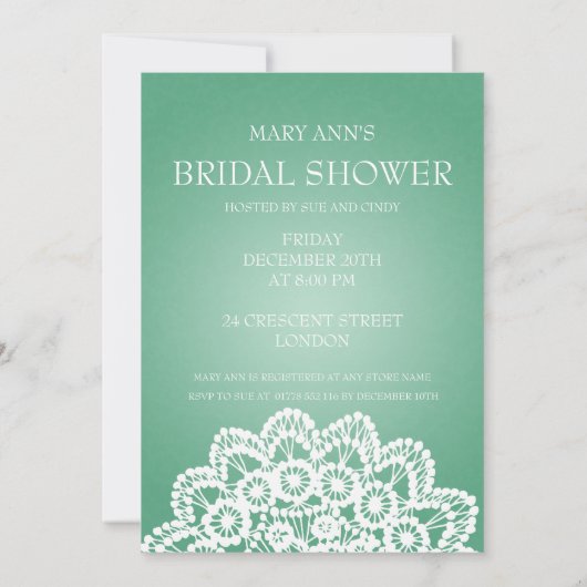 エレガントなブライダルシャワーのヴィンテージのレースのミントの緑 招待状 (裏面)