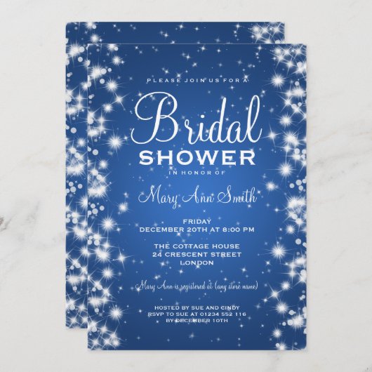 エレガントなブライダルシャワーの冬の輝きの青 招待状 (正面/裏面)