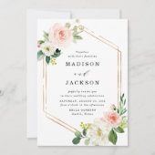 エレガントなブライダルピンクの花モチーフゴールドフレーム結婚式 招待状 (正面)