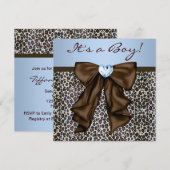 エレガントなブラウンとブルーのヒョウ柄ベイビーシャワー 招待状 (正面/裏面)