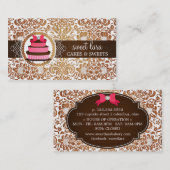 エレガントなブラウンのダマスク織のピンクのケーキのダイヤモンドのベーカリー 名刺 (正面/裏面)