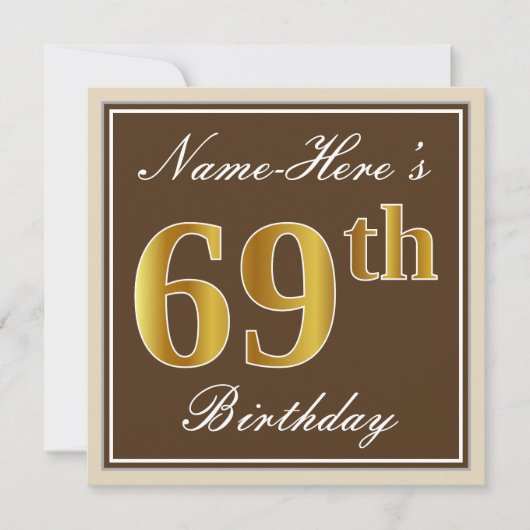 エレガントなブラウンの疑似ゴールド 69歳の誕生日 + 名前 招待状 (正面)