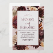 エレガントなブラウン バーガンディ フラワー ウェディング 招待状 (正面/裏面)