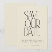 エレガントなブラックとクリームのミッドセンチュリーモダン タイポグラフィ セーブザデート (正面/裏面)