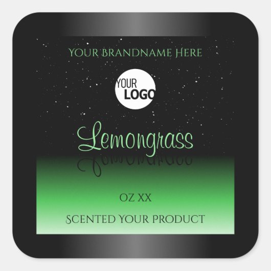 エレガントなブラックとグリーンの製品ラベル グリッター ロゴ スクエアシール (正面)