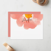 エレガントなブラックとコーラル 水彩花モノグラム ノートカード (正面/裏面インサイチュ)