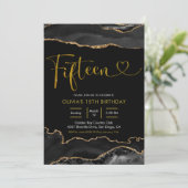 エレガントなブラックとゴールドのアゲート 15歳の誕生日 招待状 (スタンド正面)