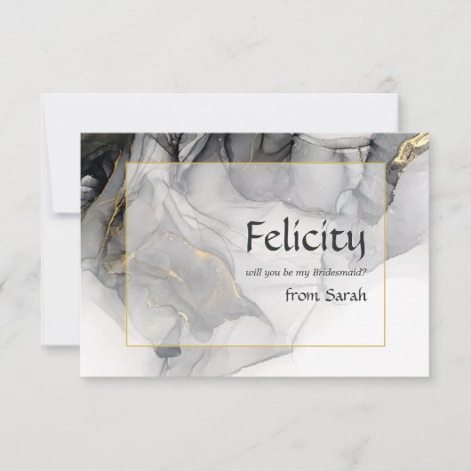エレガントなブラックとゴールドのアルコールインク ブライズメイド 招待状 (正面)