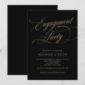 エレガントなブラックとゴールドのエンゲージメントパーティー 招待状 (正面/裏面)