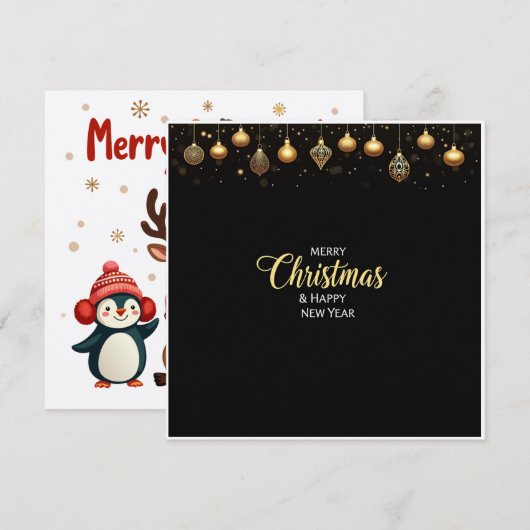 エレガントなブラックとゴールドのクリスマス&ニューイヤー シーズンカード (正面/裏面)
