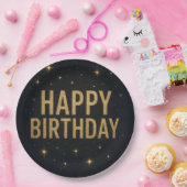 エレガントなブラックとゴールドのグリッター ハッピー バースデー ペーパープレート (パーティー)