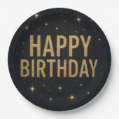 エレガントなブラックとゴールドのグリッター ハッピー バースデー ペーパープレート (正面)