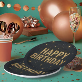 エレガントなブラックとゴールドのグリッター ハッピー バースデー ペーパープレート