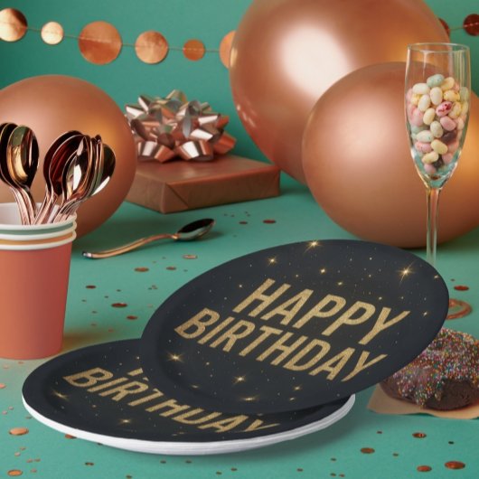 エレガントなブラックとゴールドのグリッター ハッピー バースデー ペーパープレート