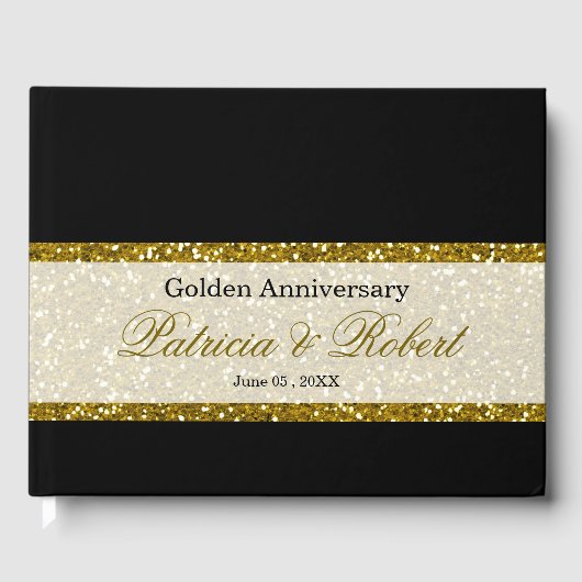 エレガントなブラックとゴールドのグリッター 50周年記念 ゲストブック (正面)
